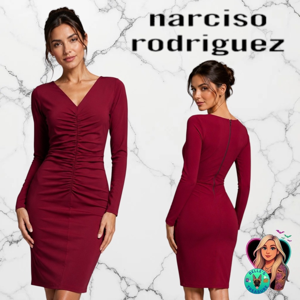 Narciso Rodriguez Womens Medium DesigNation Sexy Red Ruched V-Neck Sheath Dress